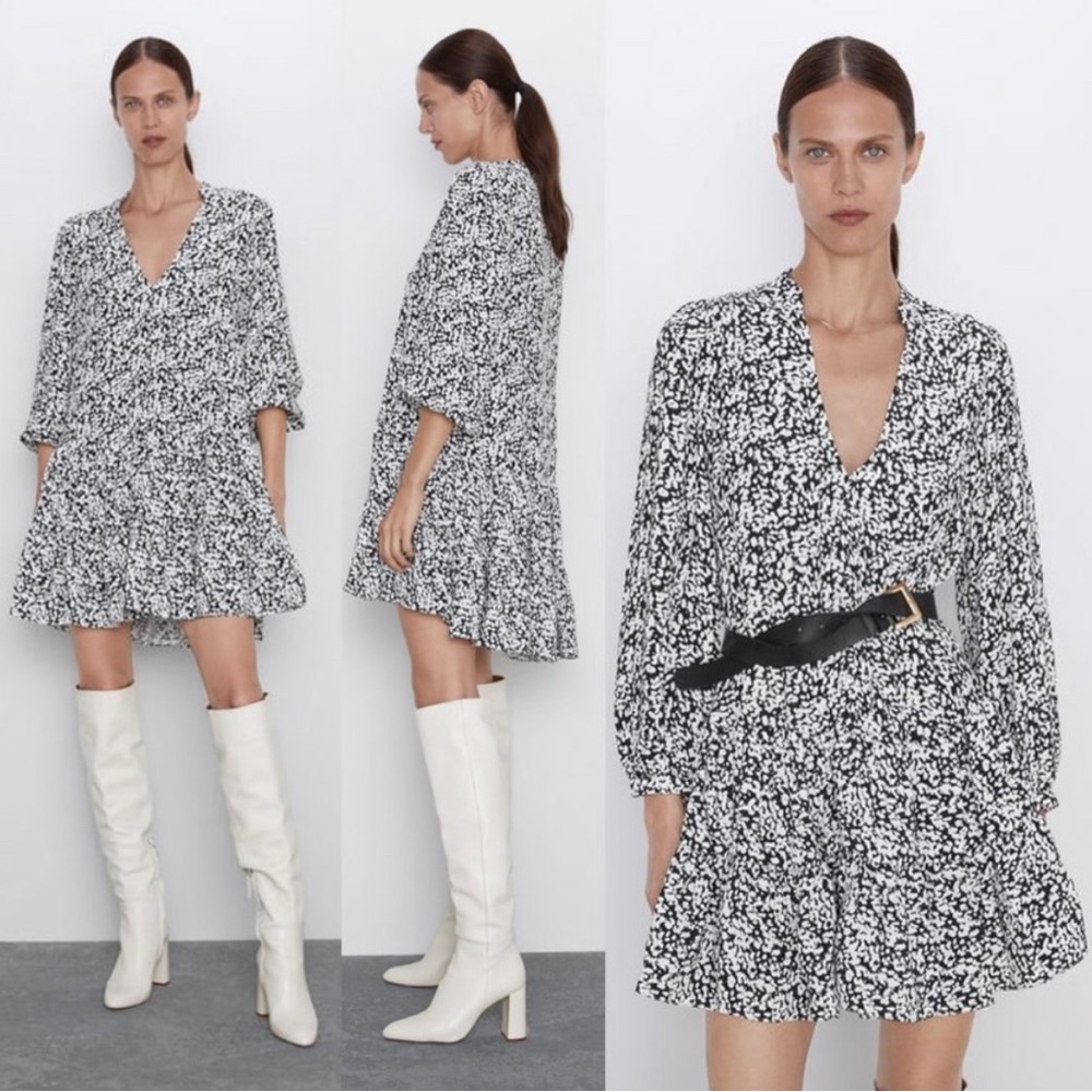 Zara Deep V Neck Printed Ruffle The Claris Dress